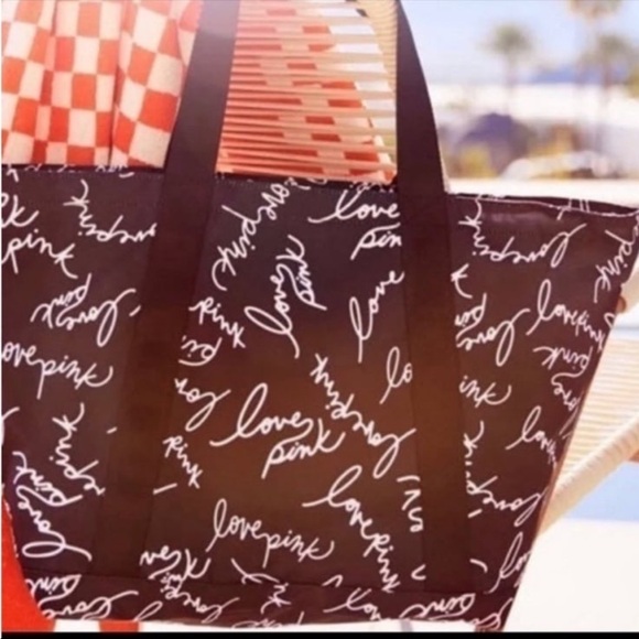 PINK Victoria's Secret Black and White Script Tote - Picture 1 of 2